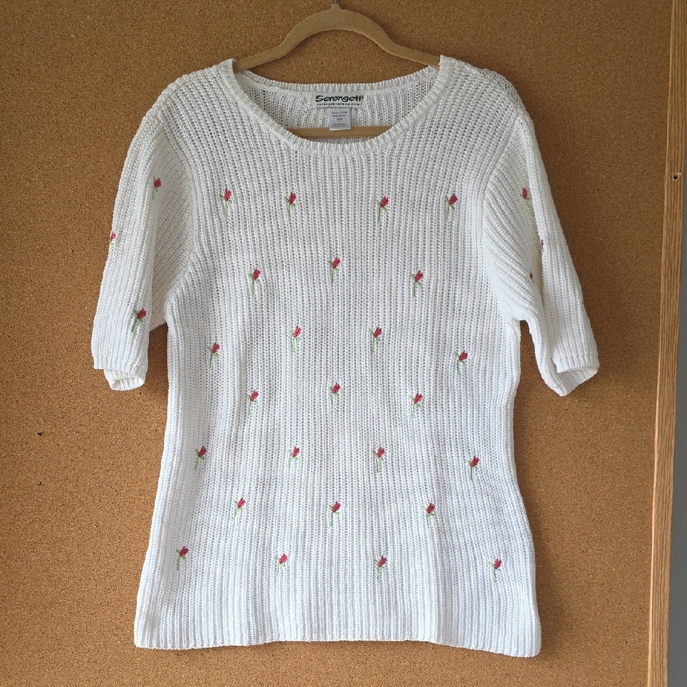 Serengeti Rose Embroidered Ribbed Knit Top L White 100% Cotton Short Sleeve Top